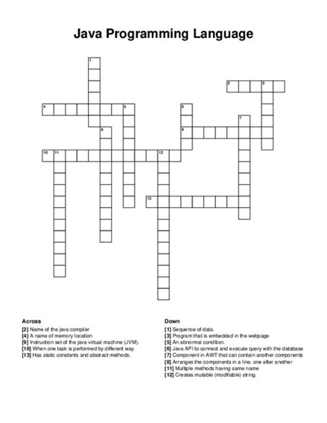 Java Programming Language Crossword Puzzle