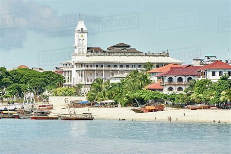 Waterfront building on beach, Zanzibar City, Zanzibar Urban, Tanzania ...