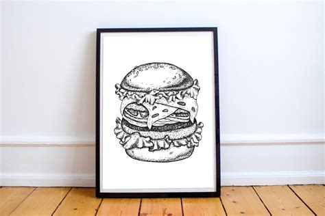 Kitchen Wall Art Burger Print Food Poster Black and White | Etsy