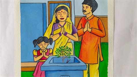 Memory drawing of a family doing Tulsi pooja | Memory drawing for ...