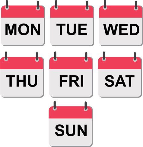 Calendar icons with days of the week. Monday, tuesday, wednesday, thursday, friday, saturday ...