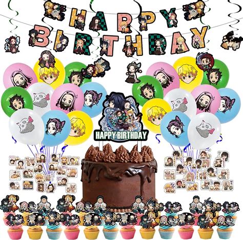 Wuuyaa Demon Slayer Happy Birthday Banner Cake Topper Anime Decor Party ...