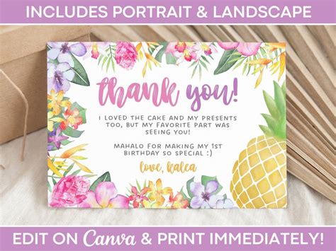 Editable Hawaiian Thank You Cards, Tropical Thank You Cards, Thank You Cards Template, Birthday ...