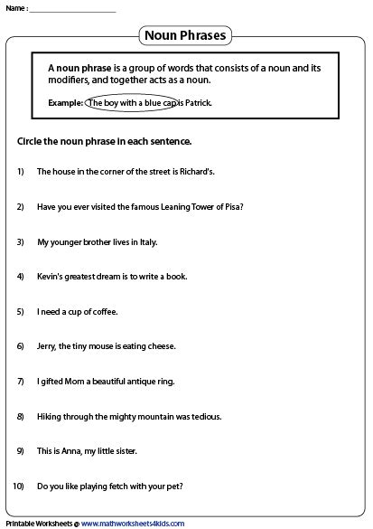 an english worksheet with the words'nom phrases'in it