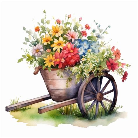 Premium Photo | A watercolor painting of a wheelbarrow full of flowers.