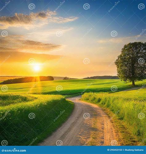 Sunset over the field stock illustration. Illustration of land - 295453153