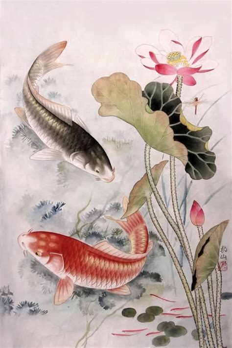 Chinese Koi Fish Painting 0 2379004, 69cm x 46cm(27〃 x 18〃)