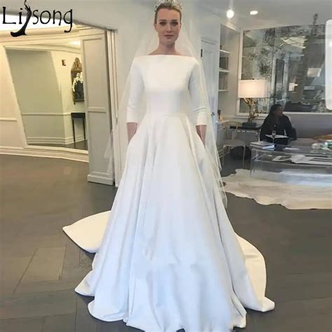 2019 New Meghan Markle Style A Line Elegant Wedding Dress Bateau Neck Long Sleeves Covered ...