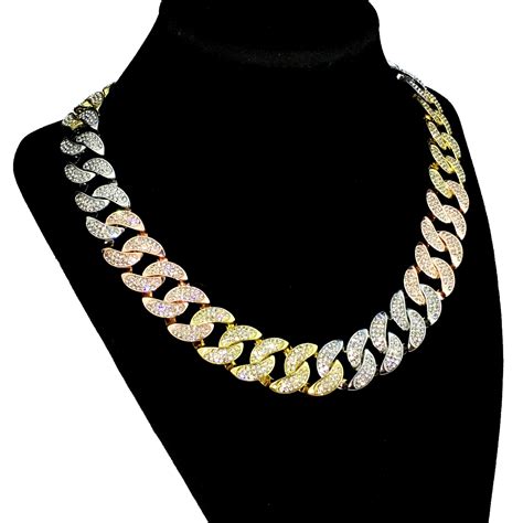 Men's Tri-Tone Cuban Chain Bling Choker Yellow Gold Rose Gold Silver Finish Tritone Hip Hop ...