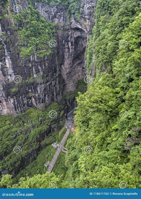 The Tianmen Mountain with a View of the Cave Known As the Heaven`s Gate and the Steep 999 Stairs ...