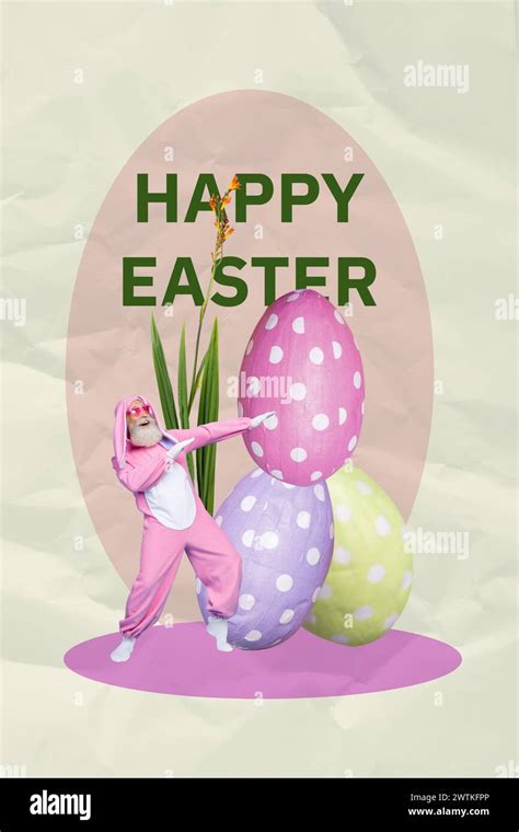 Creative poster collage of funny old man pink rabbit costume dance big eggs easter concept weird ...