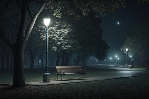 Premium Photo | Empty public park at night with illuminated light on ...