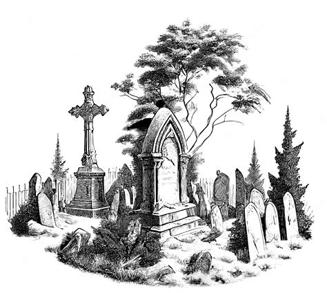 Premium Vector | A black and white illustration of a cemetery with a ...