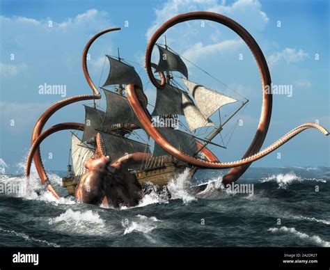 Giant squid attacking ship hi-res stock photography and images - Alamy