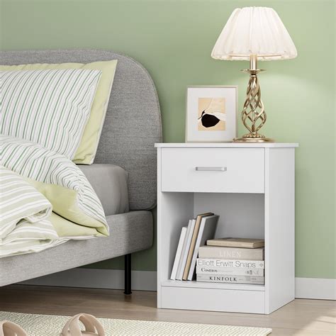 Homfa Nightstand and End Table with Drawer & Storage Shelf, Bedroom Furniture, White Finish ...