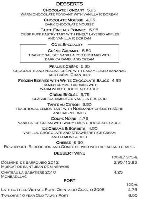 Menu at Côte Brasserie restaurant, London, PORTLAND-HOUSE