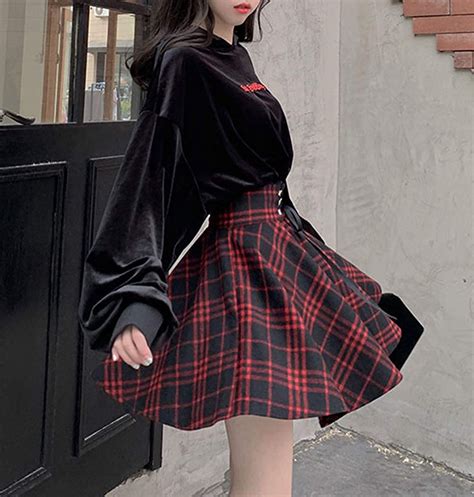 Women's High Waisted A-line Gothic Skirt Short Flare Mini Black Red Plaid Pleated Skirt ...