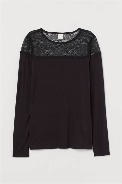 Lace Top - Round Neck - Long sleeve - Black - Ladies | H&M US