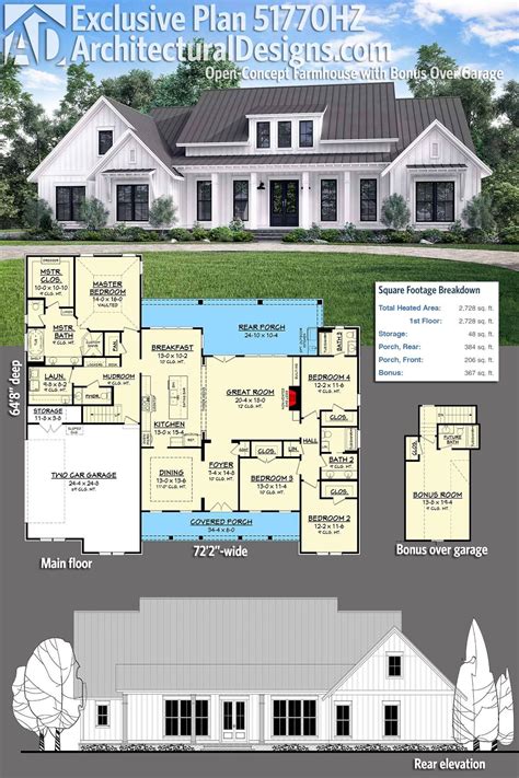 Plan 51770HZ: Open-Concept Farmhouse with Bonus Over Garage | Exclusive house plan, House plans ...