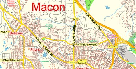 Macon Georgia US PDF Map Vector Exact City Plan LOW Detailed Street Map editable Adobe PDF in layers