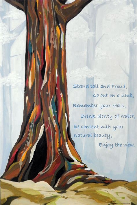 colourful redwood tree trunk, :Advice from a Tree" poem acrylic on painting panel 30" x 48 ...