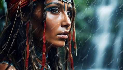 Premium AI Image | Close up Portrait of an amazon woman under a waterfall in Amazon Rainforest