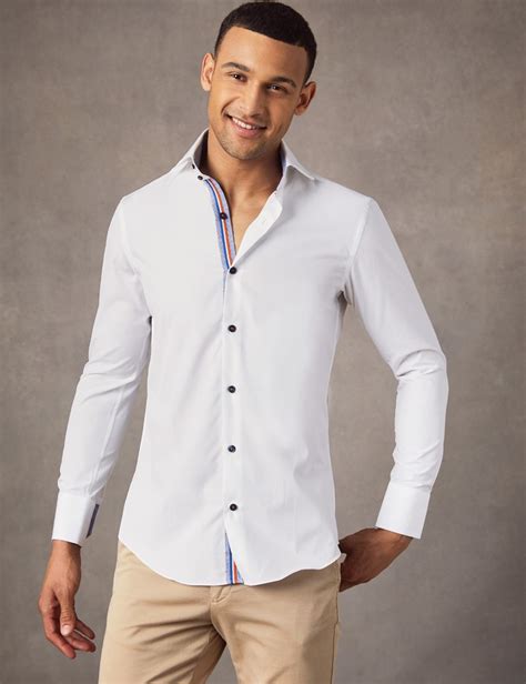 Men's Curtis Plain White Slim Fit Shirt with Contrast Detail - High Collar - Single Cuff | Hawes ...