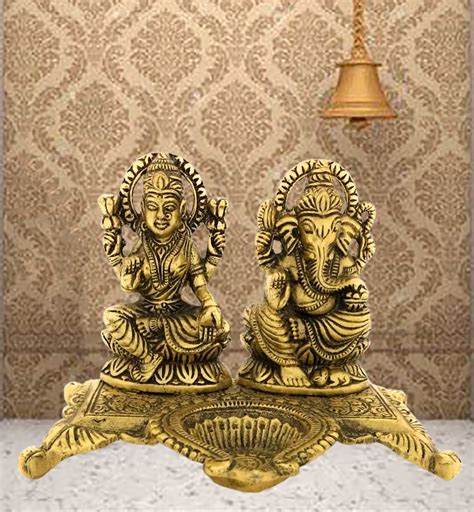 Designer Laxmi Ganesh Idol Showpiece Oil Lamp Diya Deepak Metal Lakshmi ...