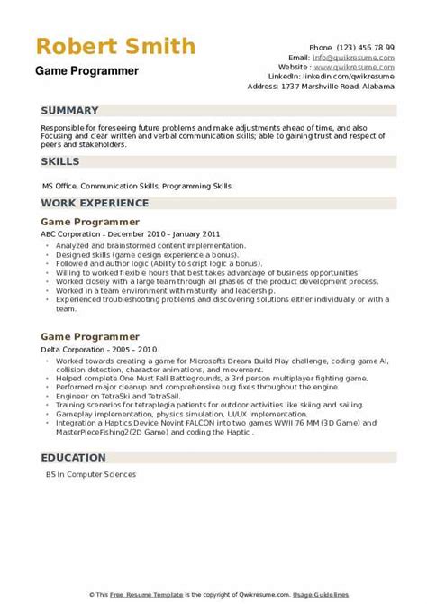 Game Programmer Resume Samples | QwikResume