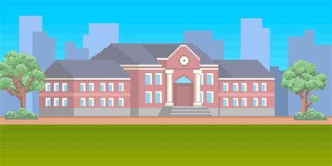 8bit pixel art school building with green lawn in front. Campus background for video game ...