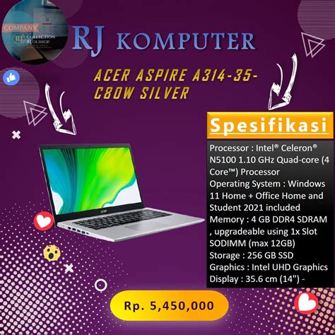 Jual ACER Aspire 3 Slim A314 35 C80W Celeron N5100 4GB 256GB W11 OHS Silver | Shopee Indonesia