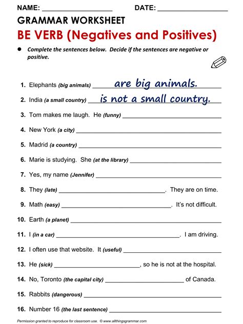 English Grammar Worksheet, Be Verb: Negatives and Positives. http://www ...