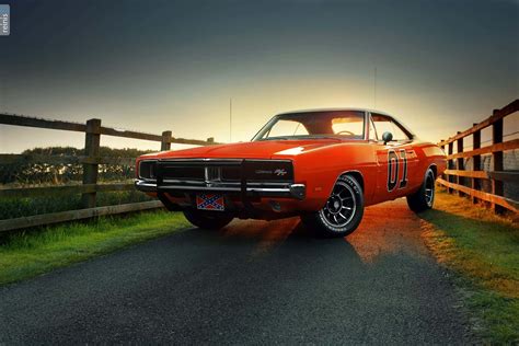 Download General Lee Car Road Sunset Wallpaper | Wallpapers.com