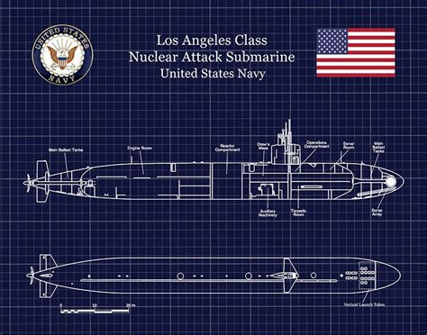 Los Angeles Class Submarine Blueprint, USS Los Angeles Class Submarine Poster, Los Angeles Class ...