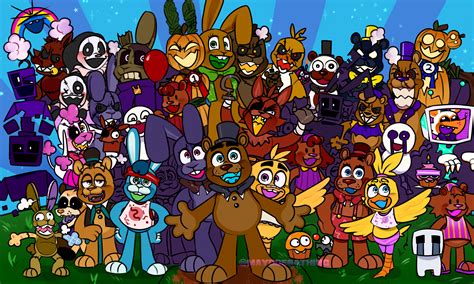 Redrew the FNAF world update 2 render with all of the characters from my au, they're all in a ...