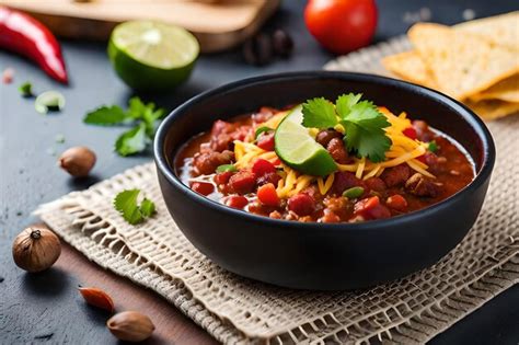 Premium AI Image | a bowl of chili with beans and beans on a table.