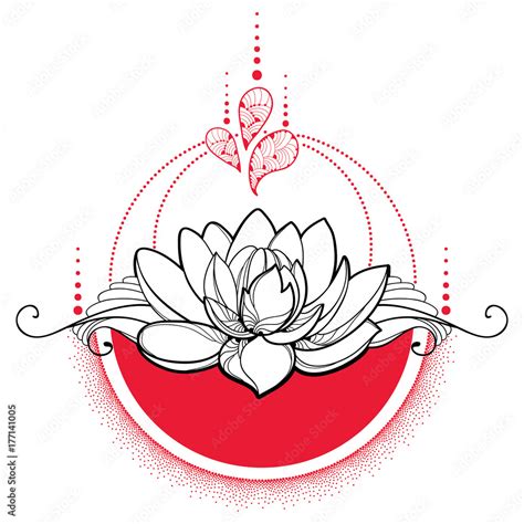 Vector drawing with outline black Lotus flower, red dots and swirls ...