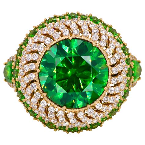 Russian Demantoid 18 K Yellow Gold White Diamond Cocktail Ring For Sale at 1stDibs