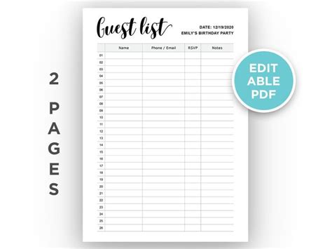 Editable Guest List Planner | Guest List Tracker | RSVP tracker | Party ...