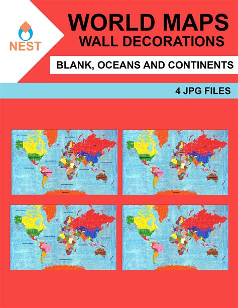 the front cover of world maps wall decorations blank, oceans and continents 4 jpg files
