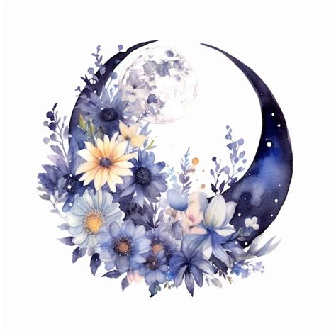 Premium Photo | A watercolor painting of a moon with flowers and the ...