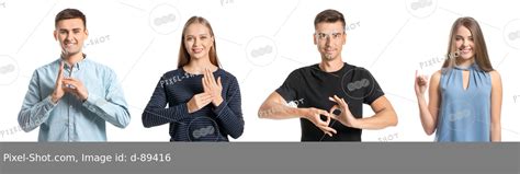 Deaf mute people using sign language on white background :: Stock Photography Agency :: Pixel ...