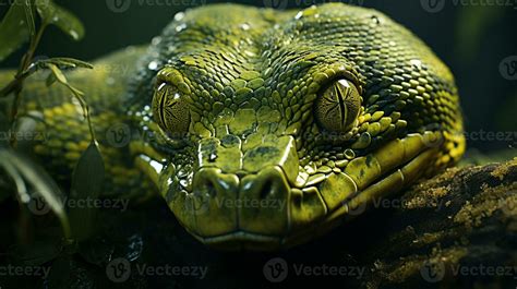 Close-up photo of a Green Tree Python looking in their habitat. Generative AI 29857126 Stock ...