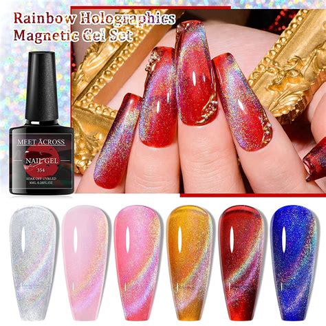 MEET ACROSS Rainbow Cat Eye Gel Nail Polish and 5 Colors Jelly Gel Polish Soak Off UV LED Light ...