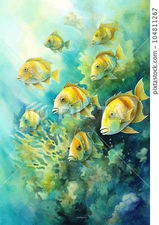 A flock of yellow-green fish swimming among... - Stock Illustration [104811267] - PIXTA