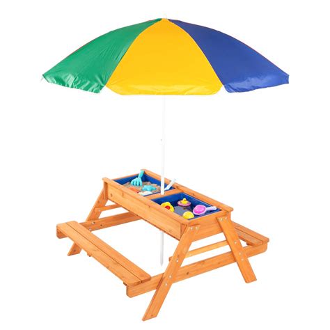 Buy JOYMOR 3 in 1 Kids Picnic Table with Umbrella and 2 Play Boxes, Sand & Water Table with ...