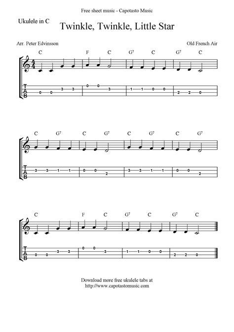 Free Sheet Music Scores: Twinkle, Twinkle, Little Star, free ukulele tab sheet music | Ukulele ...