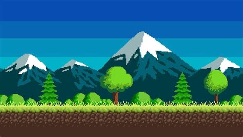 Premium Vector | Pixel art seamless background with mountains grass and clouds a landscape for a ...