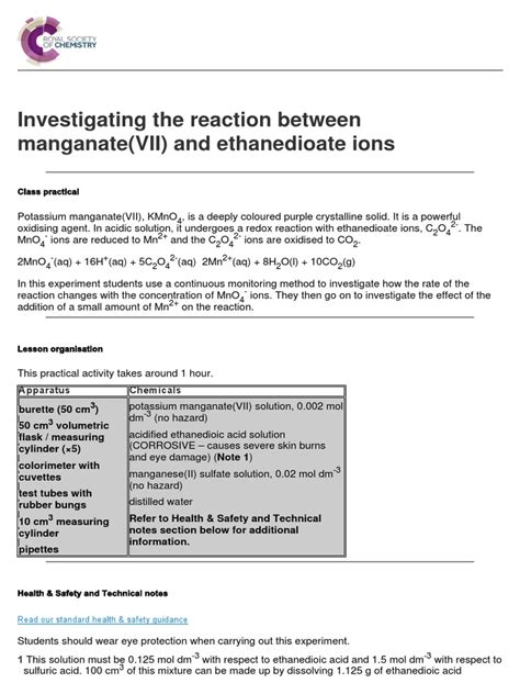 Investigating the reaction between manganate(VII) and ethanedioate ions