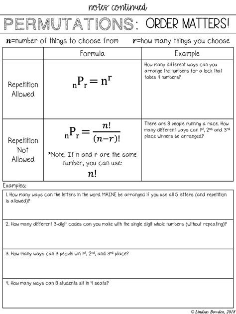 Permutations and Combinations Notes and Worksheets - Lindsay Bowden